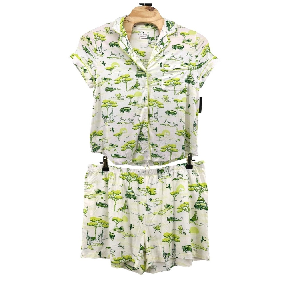 Kate Spade New York Womens Safari Print Pajama Shorts Set XL Green White NEW